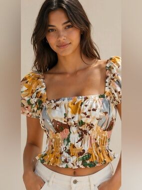 Abercrombie & Fitch Floral Puff-Sleeve Smocked Crop Top in Mustard, Green & Pink
